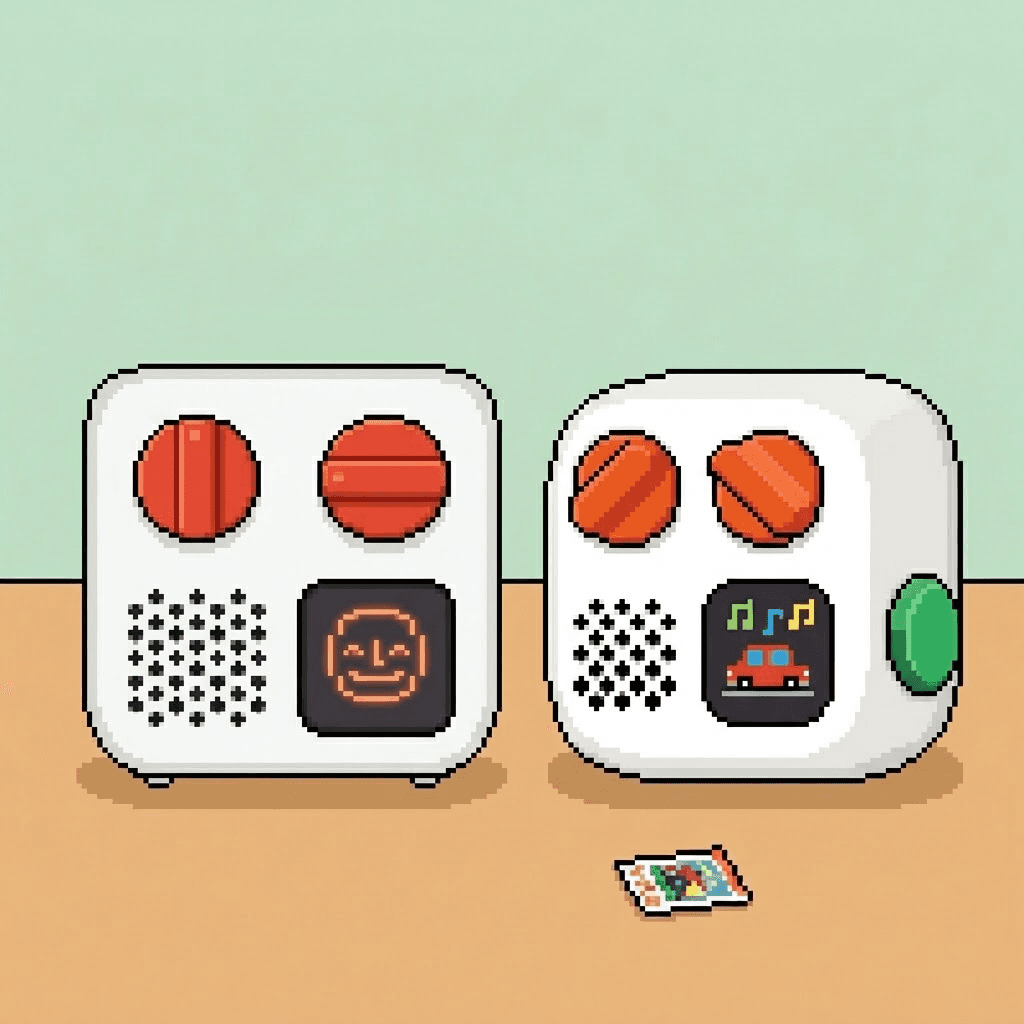 Pixel art of two white Yoto players side by side: the 3rd Gen on the left with a smiley on its screen, and the 4th Gen on the right with a car and music notes on its screen and a green button on its side