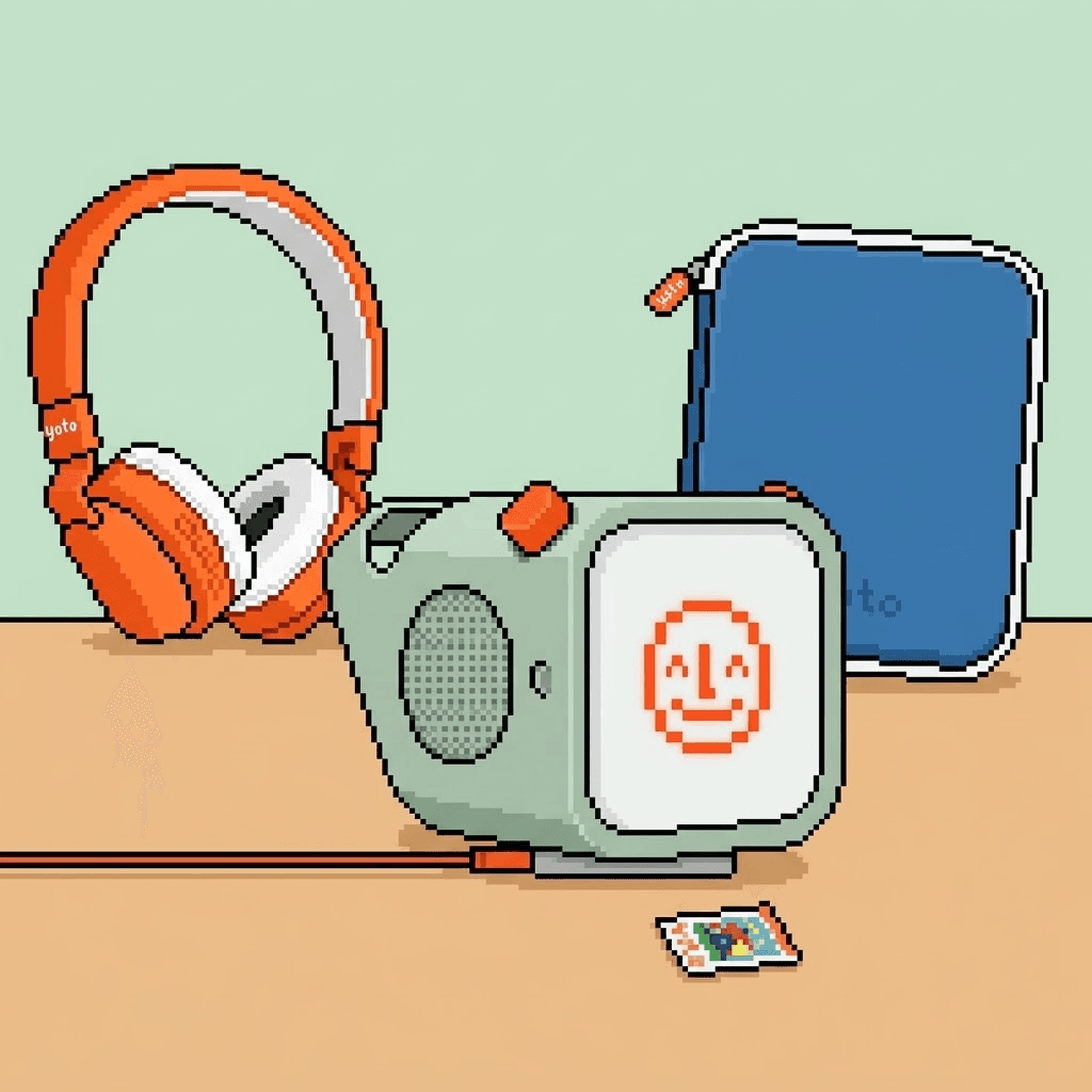 Pixel art of a Yoto Mini with a smiley on its screen, orange headphones, a blue zip card case, a card and a charging cable on a table
