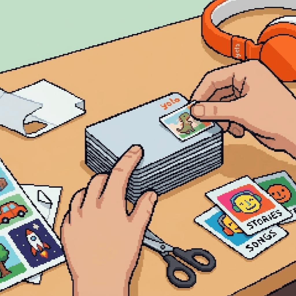Pixel art of hands sticking a printed dinosaur label onto a stack of blank Yoto cards, with sticker sheets, cut-out labels and scissors on the table