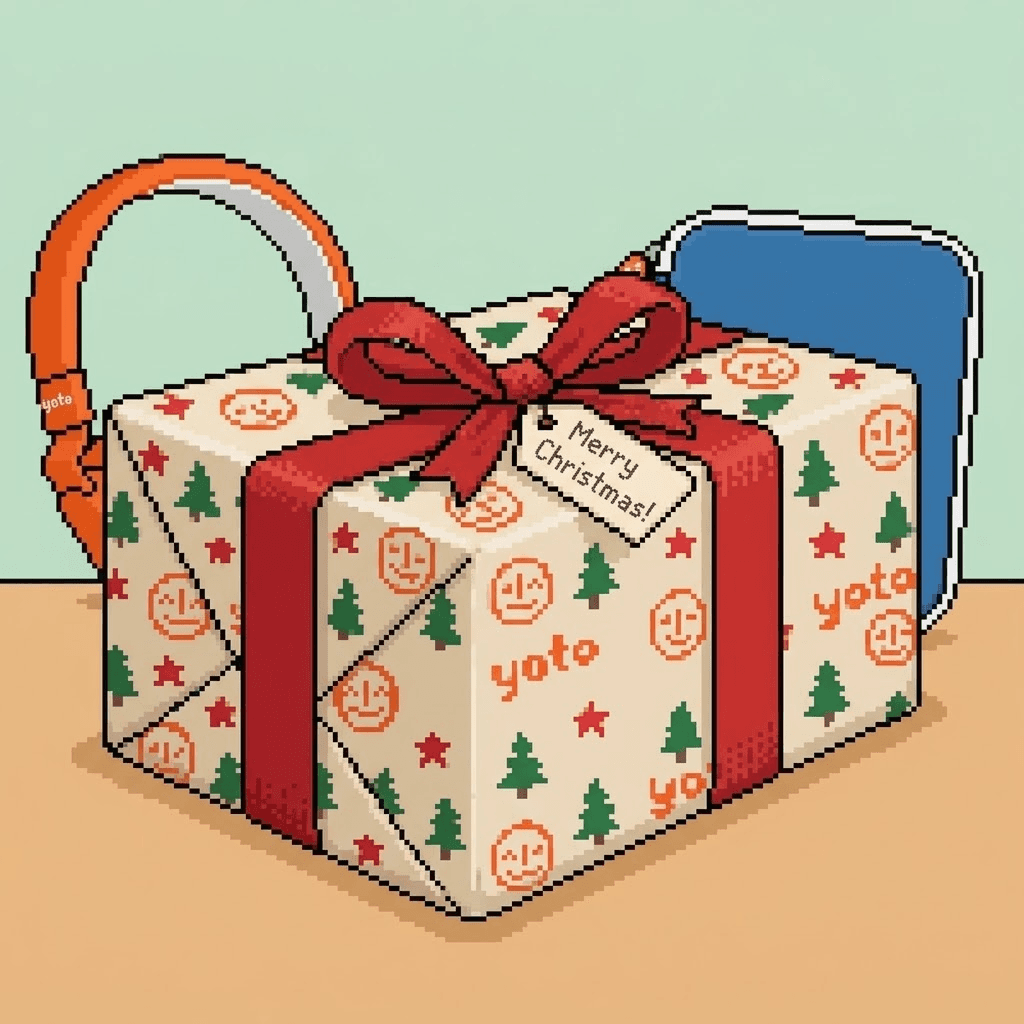 Pixel art of a present wrapped in Christmas paper with a red bow and a gift tag, with orange headphones and a blue card case behind it on a table