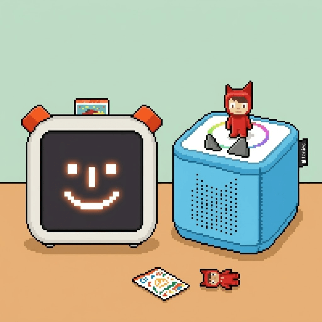 Pixel art of a Yoto player with a smiling face beside a blue Toniebox with a red figurine on top, a card and a spare figurine on the table